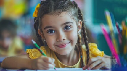 Female students are taking tests in elementary school and writing notes in the classroom.