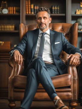 A confident and wise man in his mid40s, wearing formal business attire sitting on an elegant leather chair within the private office of company&rsquo;s general manager. generative AI