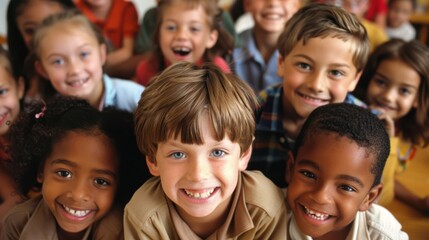 Fototapeta premium Elementary school boy smiles in class while hanging out with friends