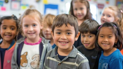 Obraz premium Elementary school boy smiles in class while hanging out with friends