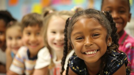 Elementary school boy smiles in class while hanging out with friends