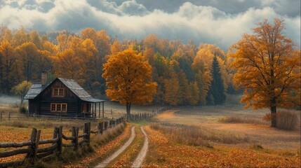 Autumn cabin surrounded by golden trees