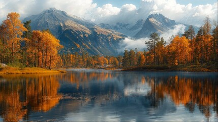 Reflective lake amidst autumn mountains