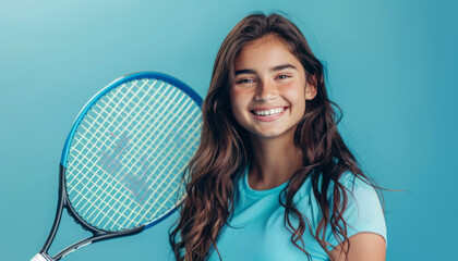 Beautiful girl tennis player with tennis racket posing on coloured background and smiling 