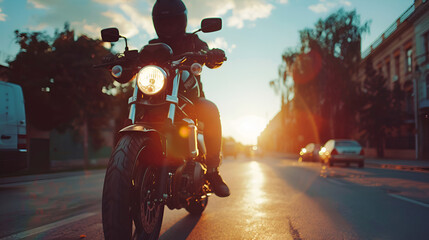biker and motorbike ready to ride Sport motorcycle in sunset, generative Ai