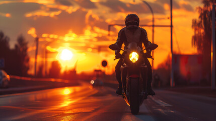 biker and motorbike ready to ride Sport motorcycle in sunset, generative Ai