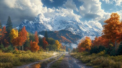 Autumn colors with snowy mountain backdrop