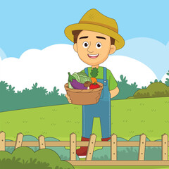 Young Man holding basket with fresh vegetable