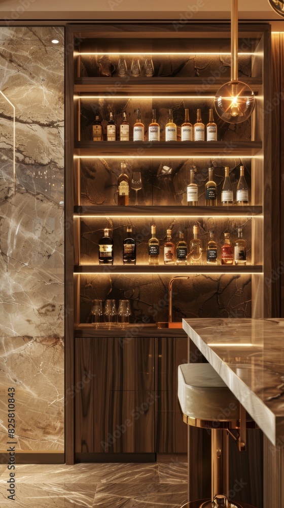 Poster a bar with a wooden shelf and a counter with a stool