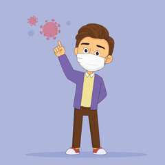 Young business man wearing medical mask and pointing finger up.