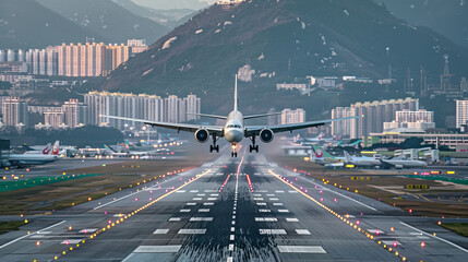 Naklejka premium passenger plane fly up over take-off runway from airport