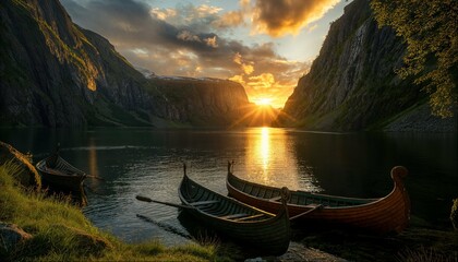 Sunset over calm fjord with Viking boats