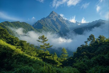 Majestic mountain peak within lush forests
