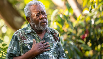 Fototapeta premium Palliative A man with his hand on his chest is having heart pain, neurological seizures, difficulty breathing