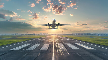 passenger plane fly up over take-off runway from airport