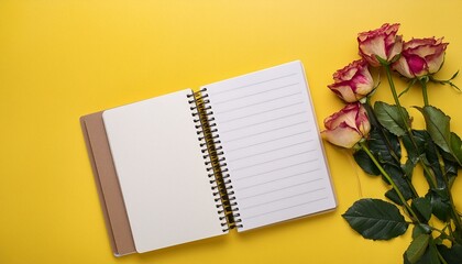 Notebook Mockup: Yellow Table with Roses and Space for Text