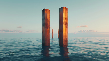 Vertical rectangular column made of metal floating in the ocean
