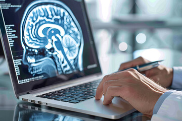 Doctor examining brain x-ray on laptop