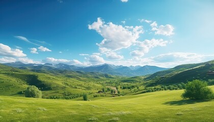 Fototapeta na wymiar A stunning spring day landscaping views of fertile land surrounded beautiful green vegetation, wide stretches of hills and mountains with clear skies in spring