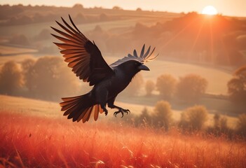 Naklejka premium A crow in midflight its wings spread wide as it gl