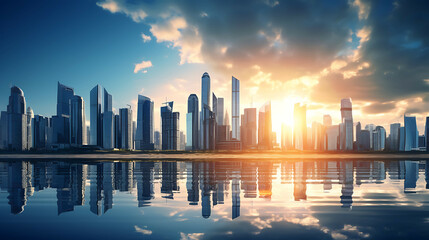 Obraz premium futuristic financial district modern skyscrapers in smart city with reflections. Generative AI