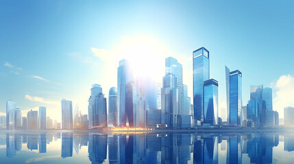 Fototapeta premium futuristic financial district modern skyscrapers in smart city with reflections. Generative AI