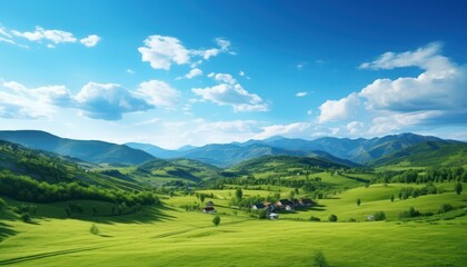 Fototapeta na wymiar A stunning spring day landscaping views of fertile land surrounded beautiful green vegetation, wide stretches of hills and mountains with clear skies in spring