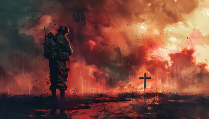 A lone soldier stands before a cross in a dramatic, fiery landscape, symbolizing sacrifice and remembrance, with intense clouds above.