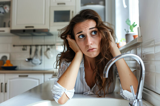 Woman at kitchen sink worried about plumbing problem