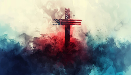 An artistic depiction of a Christian cross with an American flag motif amidst a swirling abstract background of red, white, and blue colors.
