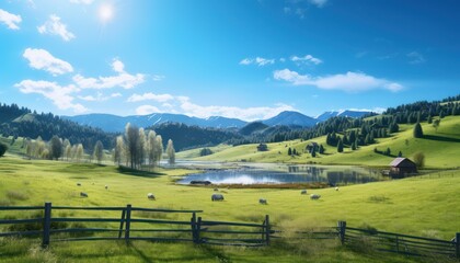 A stunning spring day landscaping views of fertile land surrounded beautiful green vegetation, wide stretches of hills and mountains with clear skies in spring