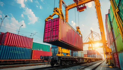A crane is hoisting a shipping container onto a freight train, demonstrating intermodal transportation efficiency 