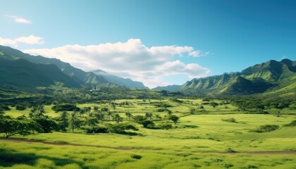 Obraz premium A stunning spring day landscaping views of fertile land surrounded beautiful green vegetation, wide stretches of hills and mountains with clear skies in spring