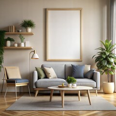 Fototapeta premium Frame mockup, ISO A paper size. Living room wall white poster mockup. interior mockup with house background. Modern interior design. 3D render