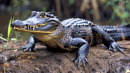 Obraz premium Black caiman Melanosuchus niger Amazon rainforest, generative Ai