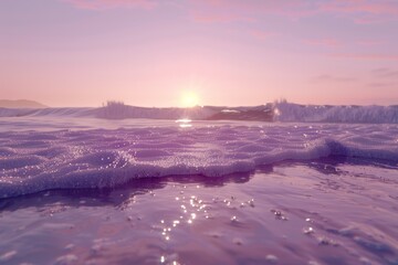 A serene seascape at sunset, with the sun reflecting off the water, creating a magical and ethereal glow. The waves gently lap at the shore, adding to the peaceful ambiance.