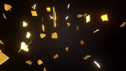 Golden casino background looping with bouncing playing card suit symbols 3D render 4K - Powered by Adobe
