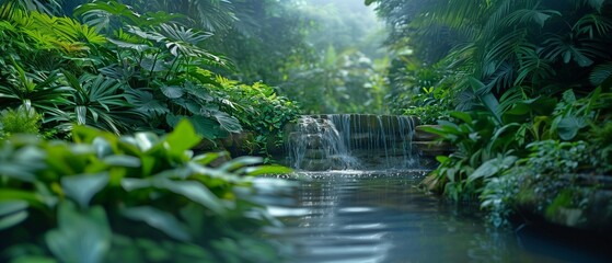 Fototapeta premium Image of a garden in shadow The waterfall is lush and green, and the ambiance is soothing. peacefulness in nature A vibrant flower and a peaceful haven.