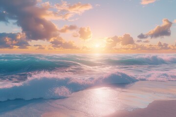 Serene seascape with gentle waves crashing on the shore as the sun sets over the horizon.  Soft, pastel colors create a peaceful atmosphere.