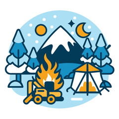 Camping Illustration with a Mountain, Fire, and Tent