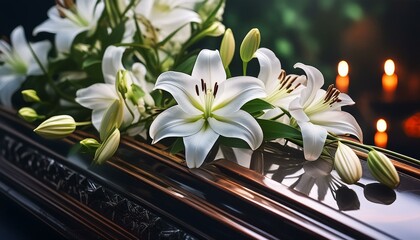 close up of white lily, lily of the valley on wooden background, bouquet of tulips on a white, bouquet of white flowers, bouquet of lilies of the valley, coffin is decorated with branch of white lilie