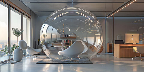 An empty office waiting room with chairs and a reception desk, all enclosed in a protective bubble
