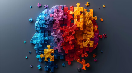 A vibrant business infographic template showcasing a puzzle brain head, with each piece representing an essential aspect of strategic thinking and problem-solving.