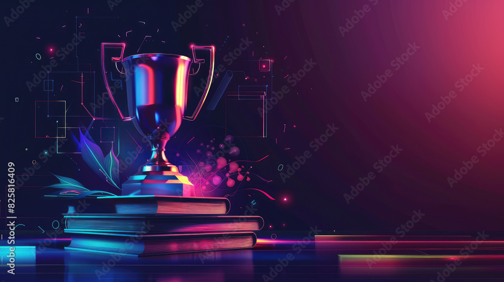 Poster a trophy is on top of a stack of books. the trophy is shiny and metallic, and the books are arranged