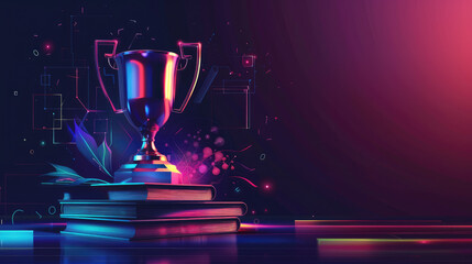 A trophy is on top of a stack of books. The trophy is shiny and metallic, and the books are arranged in a pyramid shape. Concept of achievement and accomplishment