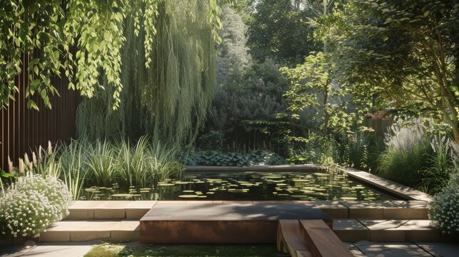 A peaceful sitting area surrounded by tall plants and shaded by a willow tree serves as a serene spot for contemplation of the complex interactions depicted in Feynman diagrams.