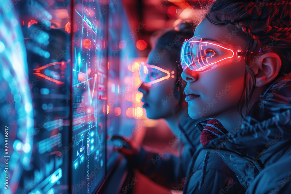 Poster two women wearing goggles are looking at a computer screen with a lot of numbers and lines. the scen