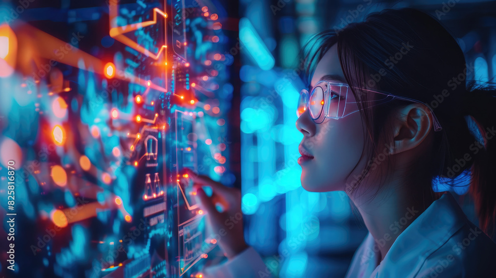 Poster a woman wearing glasses is looking at a computer screen with a lot of numbers and letters. she is po