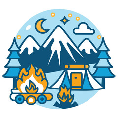 Fototapeta premium Campsite with Tent, Fire, and Mountain Range at Night
