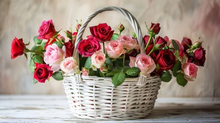 Obraz premium A white wicker basket adorned with red and pink roses rests on a light wooden surface 